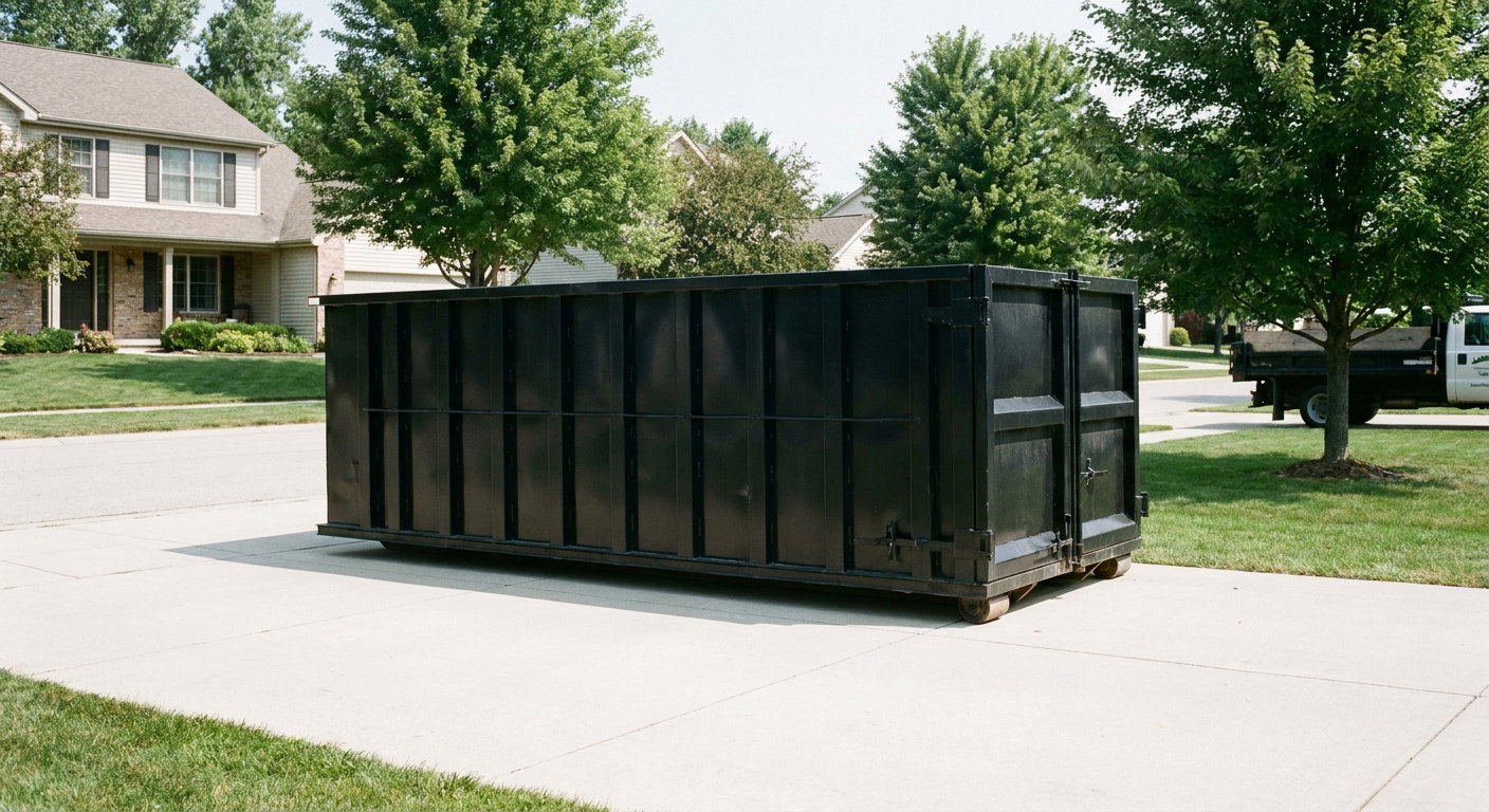 Matte-black 20-yard roll-off dumpster sitting level on a clean Lansing residential concrete driveway under bright daylight, demonstrating clean placement directly on the concrete.